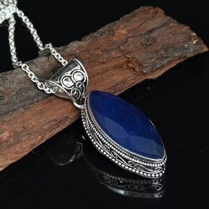 Stamped 925 Sterling Silver NATURAL Blue Aventurine Marquis Pendant Necklace
